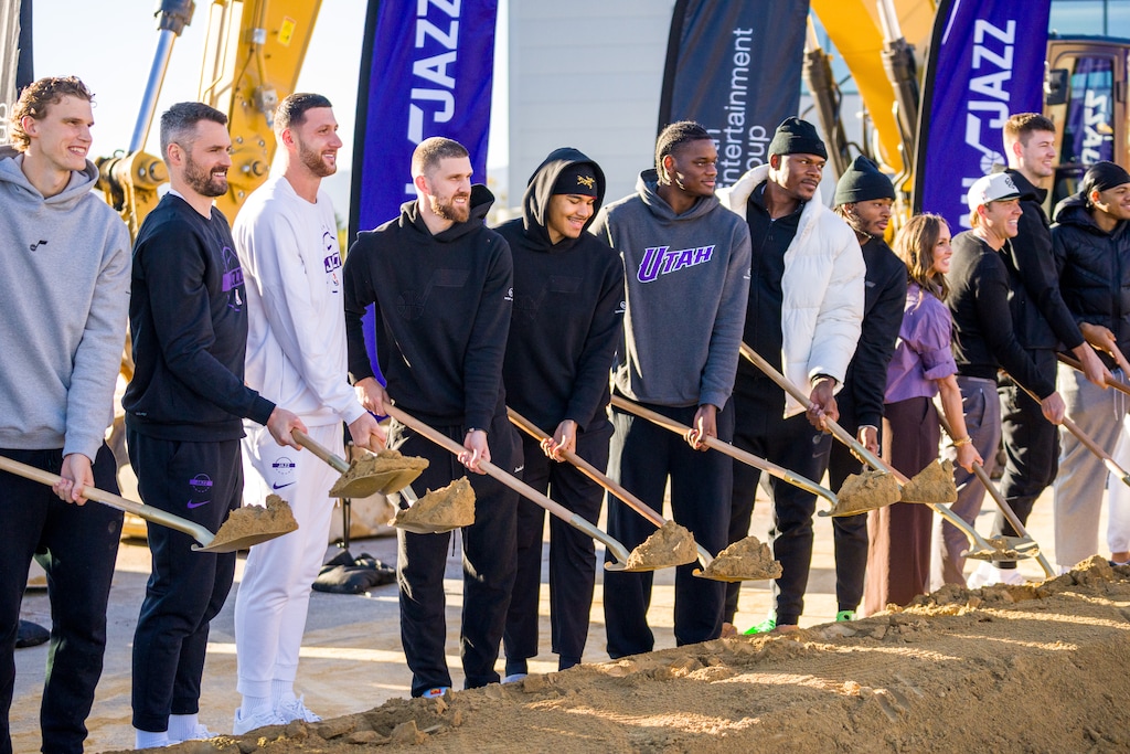 (Trent Nelson  |  The Salt Lake Tribune) Utah Jazz players line up with Ashley and Ryan Smith for a groundbreaking ceremony as the Utah Jazz announce a new practice facility in Sandy on Tuesday, Oct. 21, 2025.