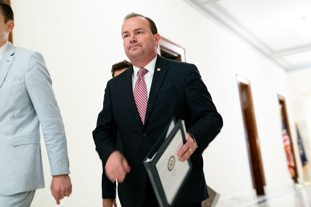 (Erin Scott | The New York Times) Sen. Mike Lee, R-Utah on Capitol Hill in Washington, May 27, 2021. Lee and his Utah colleague, Mitt Romney, voted on opposites sides on a technology bill that takes on China.