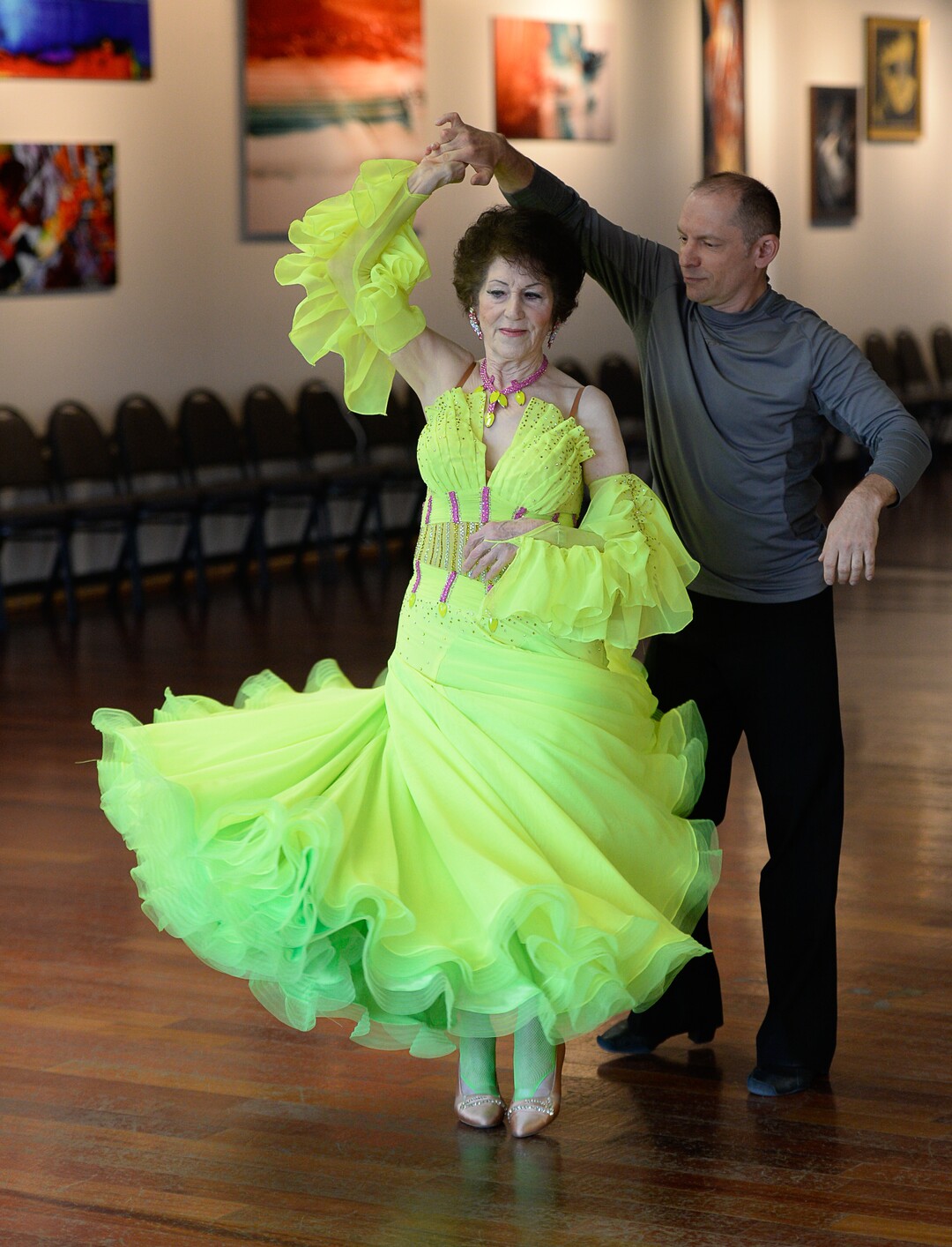 (Francisco Kjolseth  |  The Salt Lake Tribune)  Jean Woodruff, a 92-year-old who loves ballroom dancing and loves competitions, prepares for an upcoming competition with Martin Skupinski, founder of Ballroom Utah Dance Studio. Jean danced for years with her husband, and the couple taught lessons in a dance studio in their Holladay home. She stopped dancing after he had a stroke, and then died. Several years ago, she started dancing again, and now competes regularly.