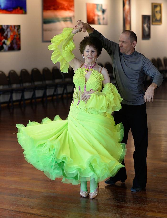 (Francisco Kjolseth | The Salt Lake Tribune) Jean Woodruff, a 92-year-old who loves ballroom dancing and loves competitions, prepares for an upcoming competition with Martin Skupinski, founder of Ballroom Utah Dance Studio. Jean danced for years with her husband, and the couple taught lessons in a dance studio in their Holladay home. She stopped dancing after he had a stroke, and then died. Several years ago, she started dancing again, and now competes regularly.