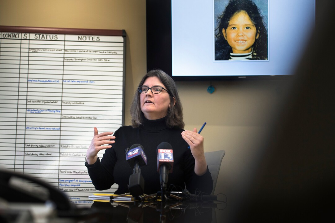 (Scott Sommerdorf   |  The Salt Lake Tribune)   Utah Cold Case Coalition co-founder Karra Porter speaks about proposed legislation, nicknamed "Rosie's Bill," that would lobby for a centralized database for all cold cases in the state, Thursday, January 18, 2018. The photo above Porter is that of six year old Rosie Tapia, who was murdered 23 years ago. Her case remains unsolved.