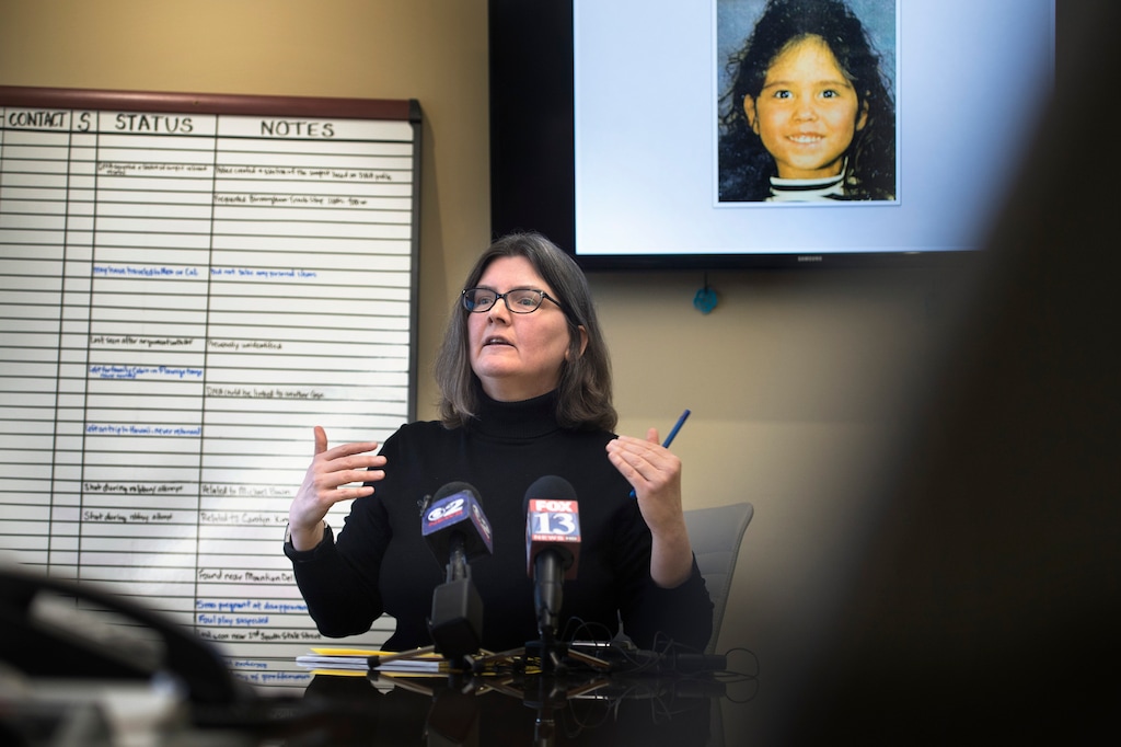 (Scott Sommerdorf | The Salt Lake Tribune)
Utah Cold Case Coalition co-founder Karra Porter speaks about proposed legislation, nicknamed "Rosie's Bill," that would lobby for a centralized database for all cold cases in the state, Thursday, January 18, 2018. The photo above Porter is that of six year old Rosie Tapia, who was murdered 23 years ago. Her case remains unsolved.