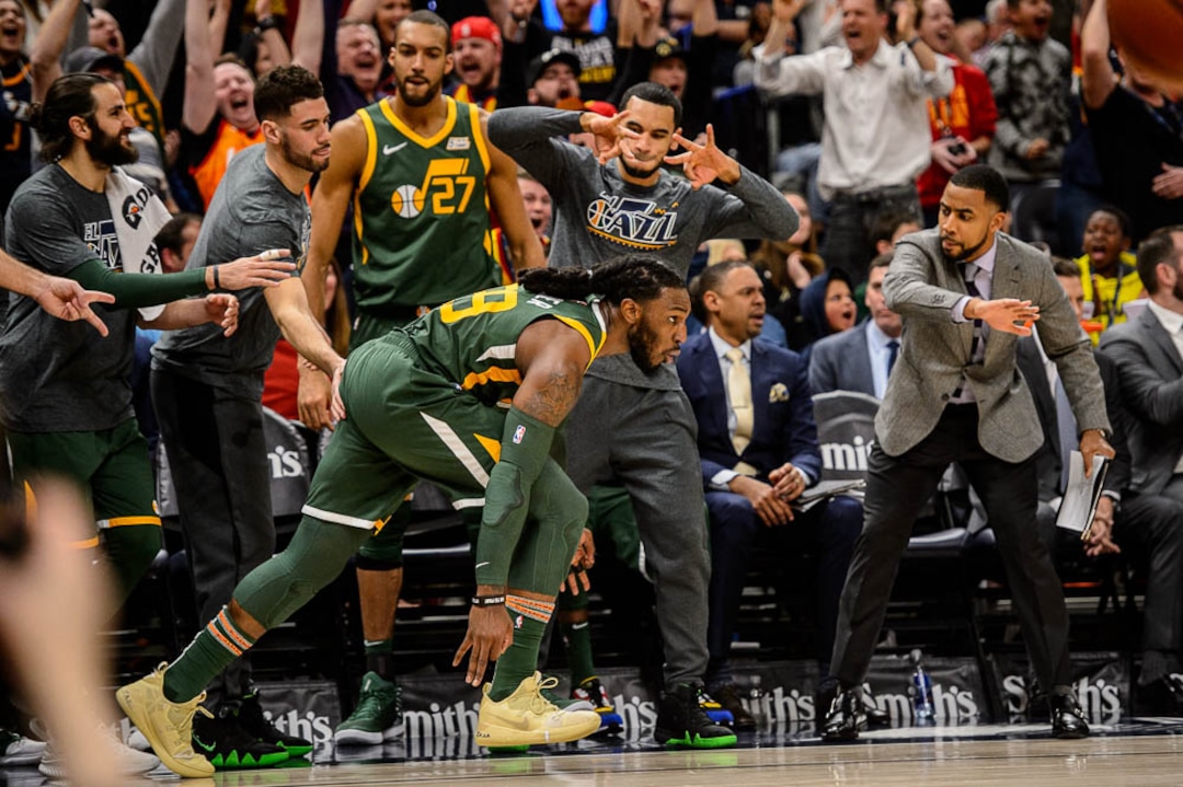 (Trent Nelson | The Salt Lake Tribune)  Utah Jazz forward Jae Crowder (99) hits a three-pointer as the Utah Jazz host the Milwaukee Bucks, NBA basketball in Salt Lake City on Saturday March 2, 2019.