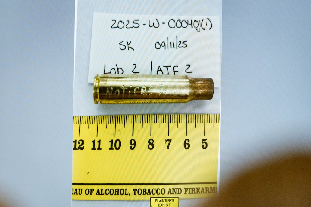 (Spenser Heaps | Pool) An image of a bullet casing engraved with the words “notices bulge” is displayed during a preliminary hearing for Tyler Robinson, who is accused in the fatal shooting of Charlie Kirk, at the Fourth District Courthouse in Provo, Thursday, July 9, 2026.