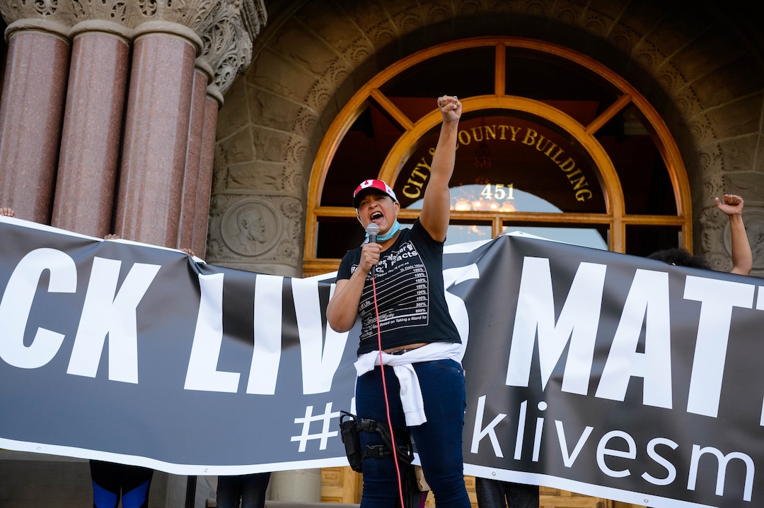 (Trent Nelson  |  The Salt Lake Tribune) Lex Scott speaks at a Black Lives Matter protest at City Hall Salt Lake City on Wednesday, June 10, 2020.