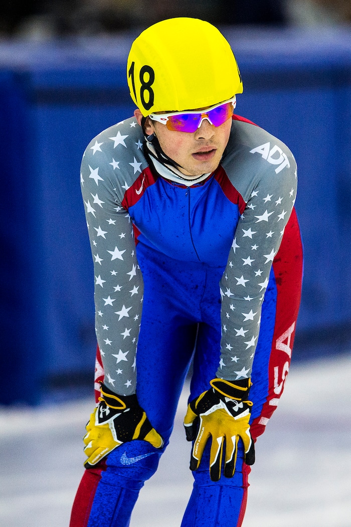 (Chris Detrick  |  The Salt Lake Tribune) John-Henry Krueger (418) competes in the US Short Track Fall World Cup Qualifier at the Utah Olympic Oval Saturday, August 19, 2017. 