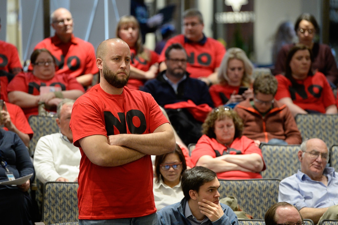 (Francisco Kjolseth  |  The Salt Lake Tribune) Kell Bjorn of Herriman waits his turn to speak in opposition to the proposed Olympia Hills development prior to Salt Lake County Council taking the first of two votes on Tuesday, Feb. 25, 2020, on a set of zoning changes for the controversial new housing and commercial development proposed on unincorporated county land on Herriman's western border. The County Council approved the zoning changes 6-to-3, as residents from Herriman, Bluffdale and Riverton who oppose the project turned out for the hearing to voice their concerns.