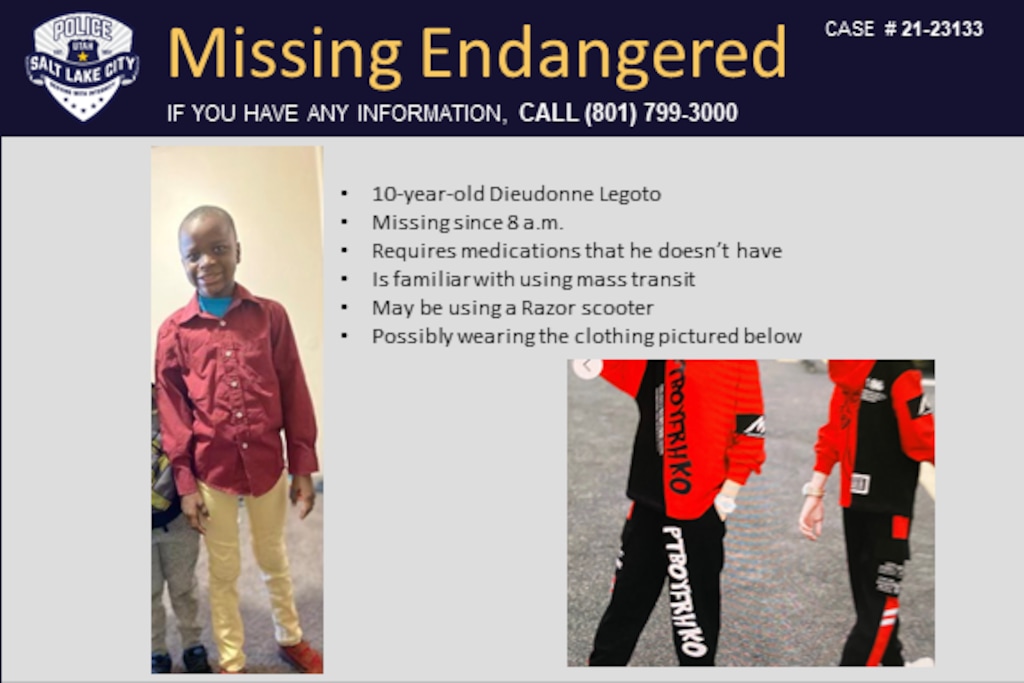 (Courtesy of the Salt Lake City Police Department) Police were looking for 10-year-old Dieudonne Legato, who was missing Tuesday, but he has since been found.