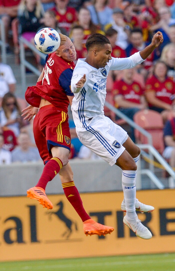 Leah Hogsten | The Salt Lake Tribune Real Salt Lake defender Justen Glad (15) battles San Jose Earthquakes forward Danny Hoesen (9) as Real Salt Lake hosts the San Jose Earthquakes at Rio Tinto Stadium in Sandy, Utah, Saturday, June 23, 2018.