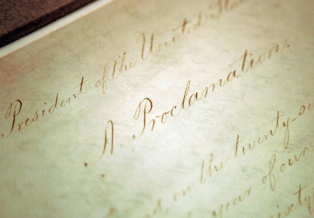(Evan Vucci | AP) The original Emancipation Proclamation on display in the Rotunda of the National Archives in Washington on Feb. 18, 2005. The Senate passed a bill Tuesday, June 15, 2021, that would make Juneteenth, or June 19, a federal holiday commemorating the end of slavery in the United States.