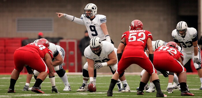 (Trent Nelson  |  Tribune file photo)  BYU quarterback Jake Heaps (9) calls out a play to his teammates as the Utes face BYU in the first quarter at Rice-Eccles Stadium Saturday, November 27, 2010.
