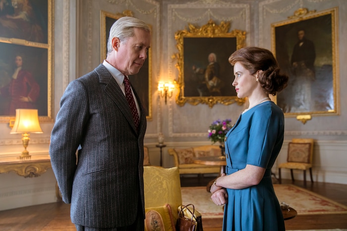 (Photo courtesy of Robert Viglasky/Netflix) The Duke of Windsor (Alex Jennings) — the former King Edward VIII — discusses his future role with Queen Elizabeth (Clarie Foy).
