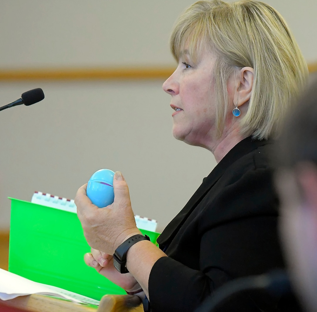 (Eli Lucero  |  Herald Journal) Victim advocate Terryl Warner, holds an Easter egg that belonged to Lizzy Shelley, during Alex Whipple's sentencing hearing on Tuesday in Logan. Whipple was sentenced to life without the possibility of parole for murdering his niece  Shelley. 
