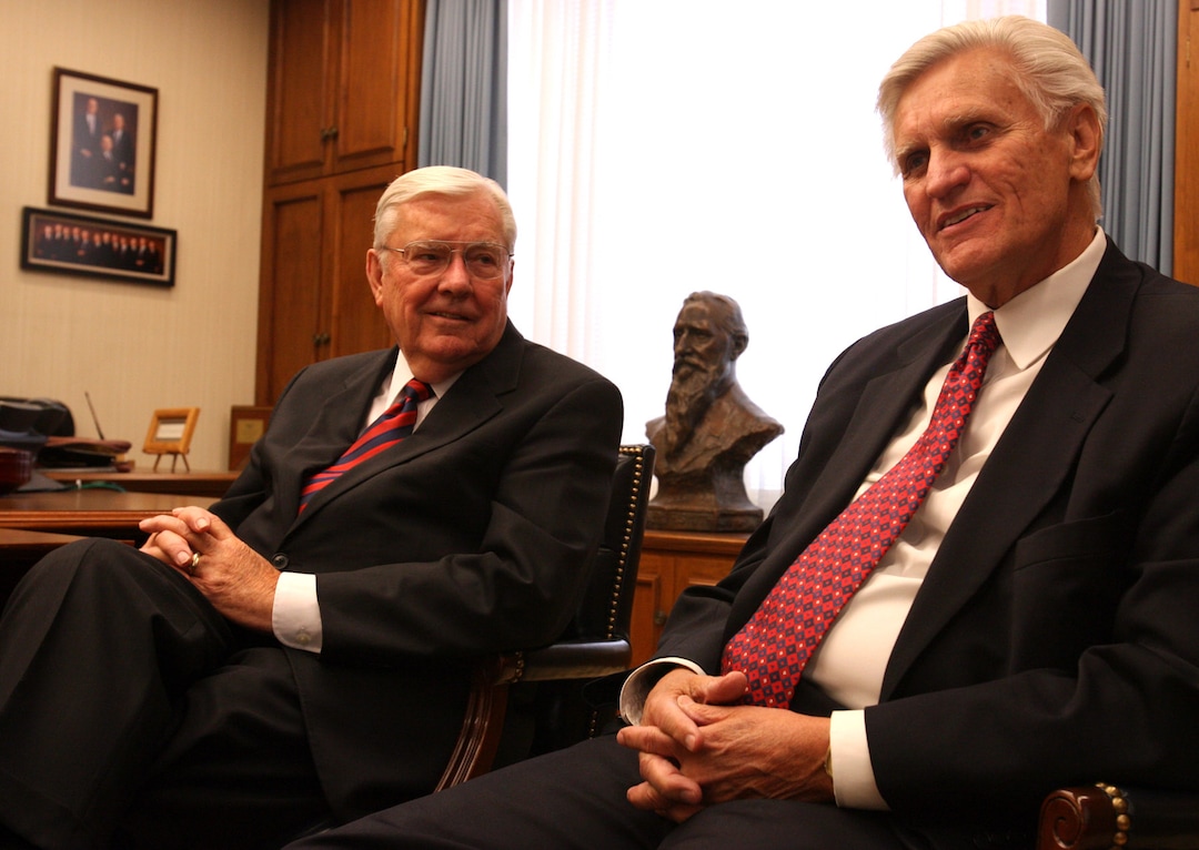 (Leah Hogsten | The Salt Lake Tribune) In 2009, M. Russell Ballard, left, and Glenn Pace recount their aid trip to Ethiopia in 1985 to help the people affected by famine.