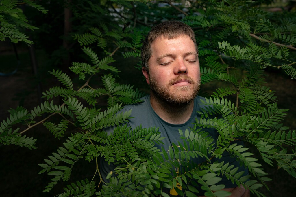 (Francisco Kjolseth | The Salt Lake Tribune) Nick Pinnau is pictured with his prime nemesis — the honey locust trees at his parents' Kaysville house, where he helps with outdoor projects and tending their garden. With pollen levels high mostly due to drought, Pinnau has been especially miserable.