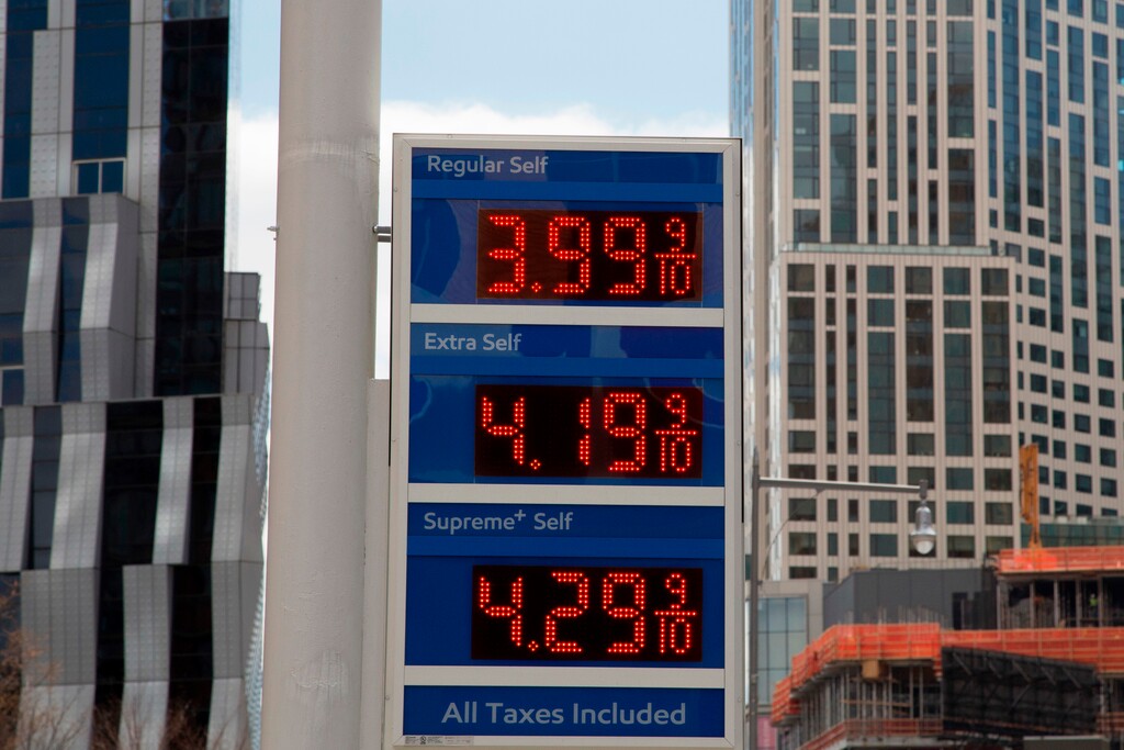 FILE- In this April 18, 2018, file photo, gas prices are displayed at a Mobil station in New York. Crude oil prices are at the highest level in more than three years and expected to climb higher, pushing up gasoline prices along the way. (AP Photo/Mark Lennihan, File)