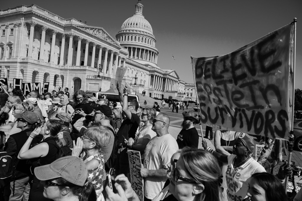 People attend the "Stand With Survivors" rally supporting victims of Jeffrey Epstein on Capitol Hill in Washington, on Wednesday, Sept. 3, 2025. (Kyle Myles/The New York Times)