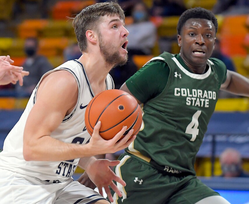 Utah State guard Rollie Worster drives to the basket as Colorado State guard Isaiah Stevens (4) defends during the first half of an NCAA college basketball game Tuesday, Jan. 19, 2021, in Logan, Utah. (Eli Lucero/The Herald Journal via AP, Pool)