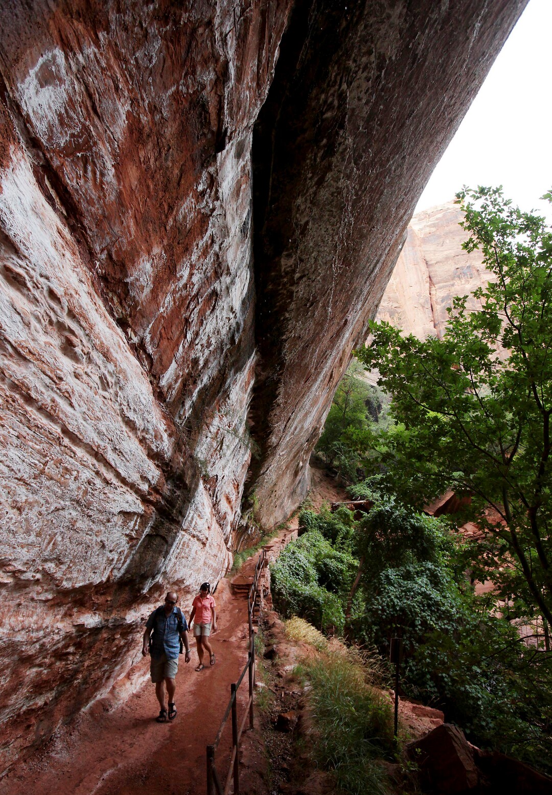 Hikers walk the Emerald Pools Trails Friday, Sept., 4, 2009, in Zion National Park, Utah.  Both Zion and Bryce were formed millions of years ago when the Earth's crust violently heaved, leaving behind stunning, unique arrays of rock formations.   (AP Photo/Ross D. Franklin)