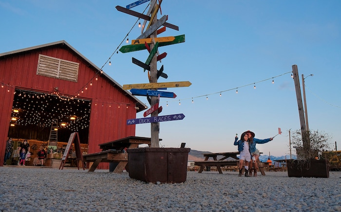 (Leah Hogsten | The Salt Lake Tribune)  Monica Montano and her daugher Maiah, 5, smile for a quick selfie at sunset at the Baby Animal Festival and Tulip Field Festival at Cross E Ranch, April 23, 2021. The festival runs unlil May 8.