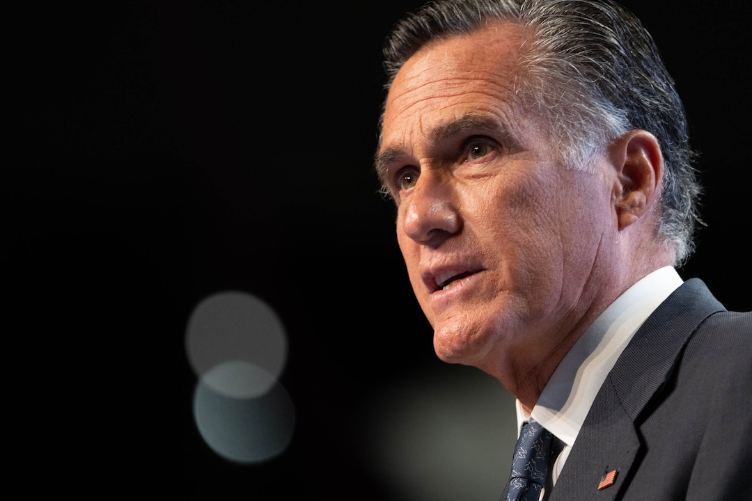 (Francisco Kjolseth | The Salt Lake Tribune) Sen. Mitt Romney faces a hostile crowd during the Utah Republican Party’s 2021 Organizing Convention at the Maverik Center in West Valley City on Saturday, May 1, 2021, where he was booed by Republican delegates numbering more than 1,900.