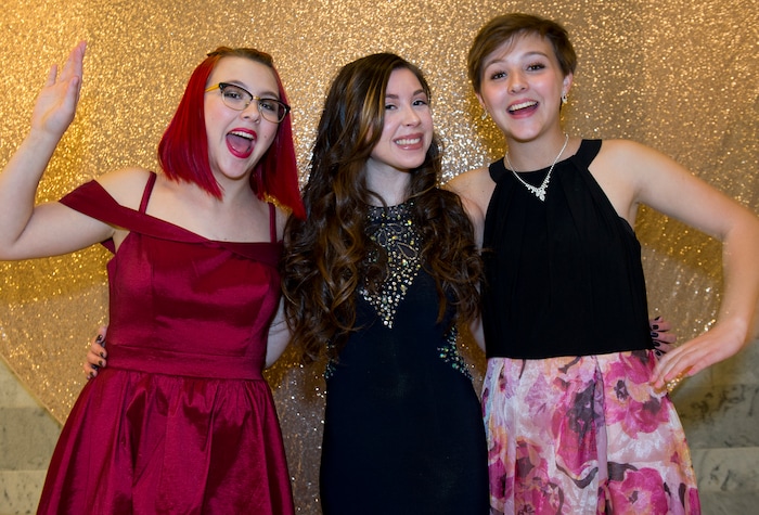 (Leah Hogsten  |  The Salt Lake Tribune) l-r Jocelyn Peters, Summer Palmer and Jaylie Peters pose for pictures. Three virtual charter schools, Utah Virtual Academy, Utah Connections Academy and Mountain Heights Academy, co-hosted prom for their students, Friday, April 27, 2018. 