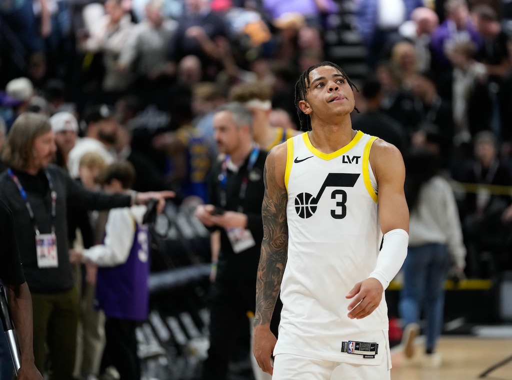 (Francisco Kjolseth | The Salt Lake Tribune) Utah Jazz guard Keyonte George (3) shows his disappointment in losing to the Golden State Warriors 140-137 during their NBA basketball game Thursday, Feb. 15, 2024, in Salt Lake City.