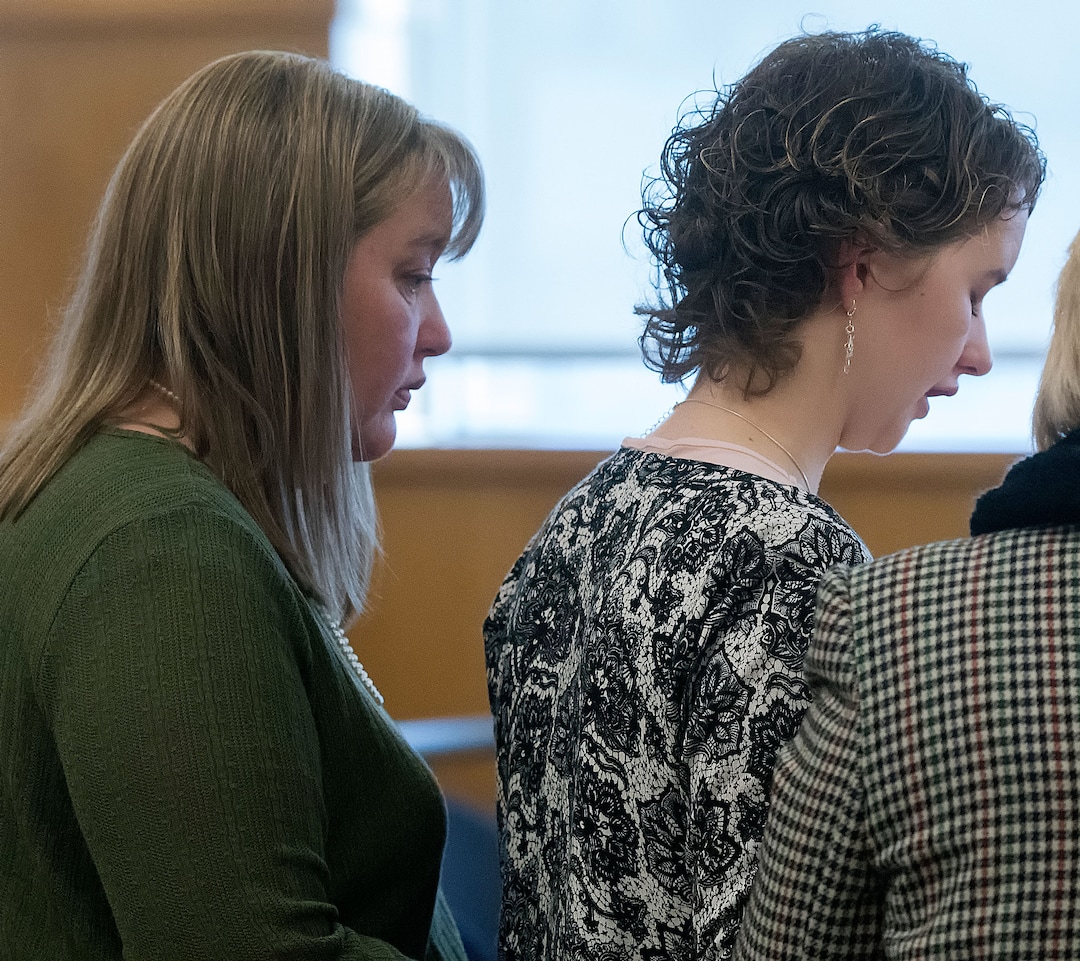 (Eli Lucero  |  Herald Journal, pool) April Turner, left, stands next to her daughter Deserae Turner as she speaks during Colter Peterson's sentencing hearing for aggravated attempted aggravated murder, Thursday, Feb. 1, 2018, in Logan, Utah. Peterson received a sentence of 15 years to life for shooting Deserae Turner in February 2017, and leaving her for dead in a dry irrigation canal in Smithfield, Utah.