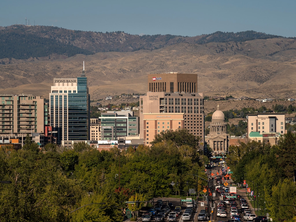 (Loren Elliott | The New York Times) The Idaho State Capitol and downtown skyline in Boise, Idaho, on Oct. 8, 2025. Supporters of the campaign to overturn one of the nation’s toughest abortion bans would rather not talk to Idaho voters about abortion.