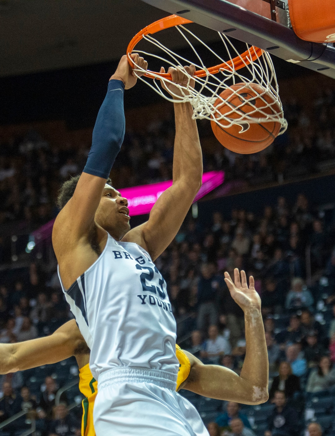 (Rick Egan  |  The Salt Lake Tribune)  Brigham Young forward Yoeli Childs (23) dunks for the Cougars, in WCC basketball action at the Marriott Center, Thursday, February 21, 2018.
