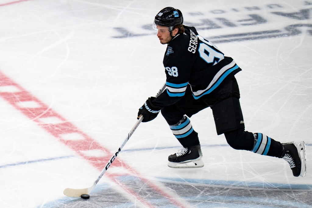 (Rick Egan | The Salt Lake Tribune) Utah Hockey Club defenseman Mikhail Sergachev (98), in NHL action between the Utah Hockey Club and the San Jose Sharks, at the Delta Center, on Friday, Jan 10, 2025.