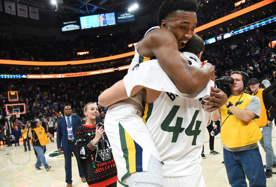 (Francisco Kjolseth  |  The Salt Lake Tribune) Utah Jazz guard Donovan Mitchell (45) celebrates with Utah Jazz forward Bojan Bogdanovic (44) their 109-102 win after hosting the Orlando Magic in their NBA basketball game at Vivint Smart Home Arena in Salt Lake City on Tuesday. Dec. 17, 2019.