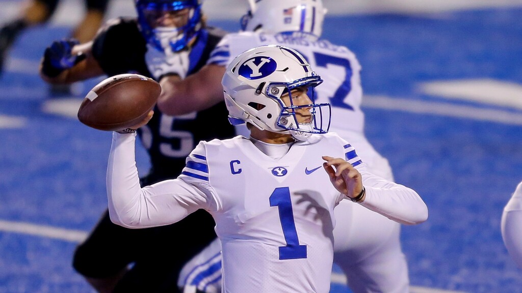 (Steve Conner | The Associated Press) BYU quarterback Zach Wilson (1) prepares to throw a pass against Boise State during the first half of an NCAA college football game Friday, Nov. 6, 2020, in Boise, Idaho.
