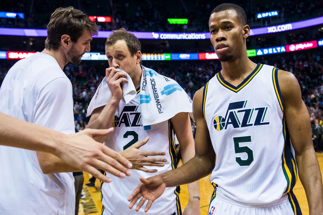 Chris Detrick  |  The Salt Lake TribuneUtah Jazz center Jeff Withey (24) Utah Jazz guard Rodney Hood (5) and Utah Jazz forward Joe Ingles (2) walk off of the court during the game at Vivint Smart Home Arena Thursday January 14, 2016. Sacramento Kings defeated the Utah Jazz 103-101.