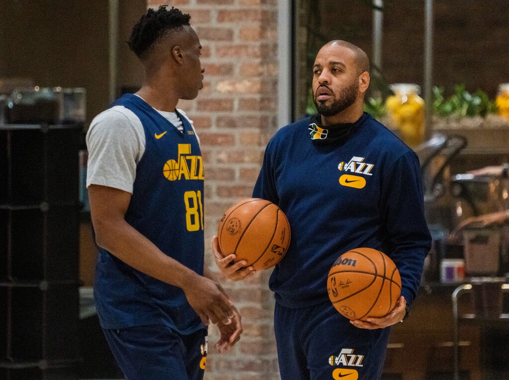 (Rick Egan | The Salt Lake Tribune) Jazz assistant coach Irv Roland works with Miye Oni, during practice at the Zions Bank Practice Center, on Tuesday, Nov. 9, 2021.