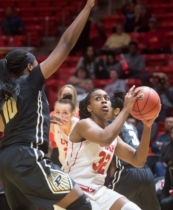 (Rick Egan  |  The Salt Lake Tribune)  Utah Utes forward Tanaeya Boclair (32) looks for a shot, as Purdue Boilermakers guard Andreona Keys (10) defends, in basketball action Utah Utes vs. Purdue Boilermakers, at the Jon M. Huntsman Center, Monday, November 20, 2017.