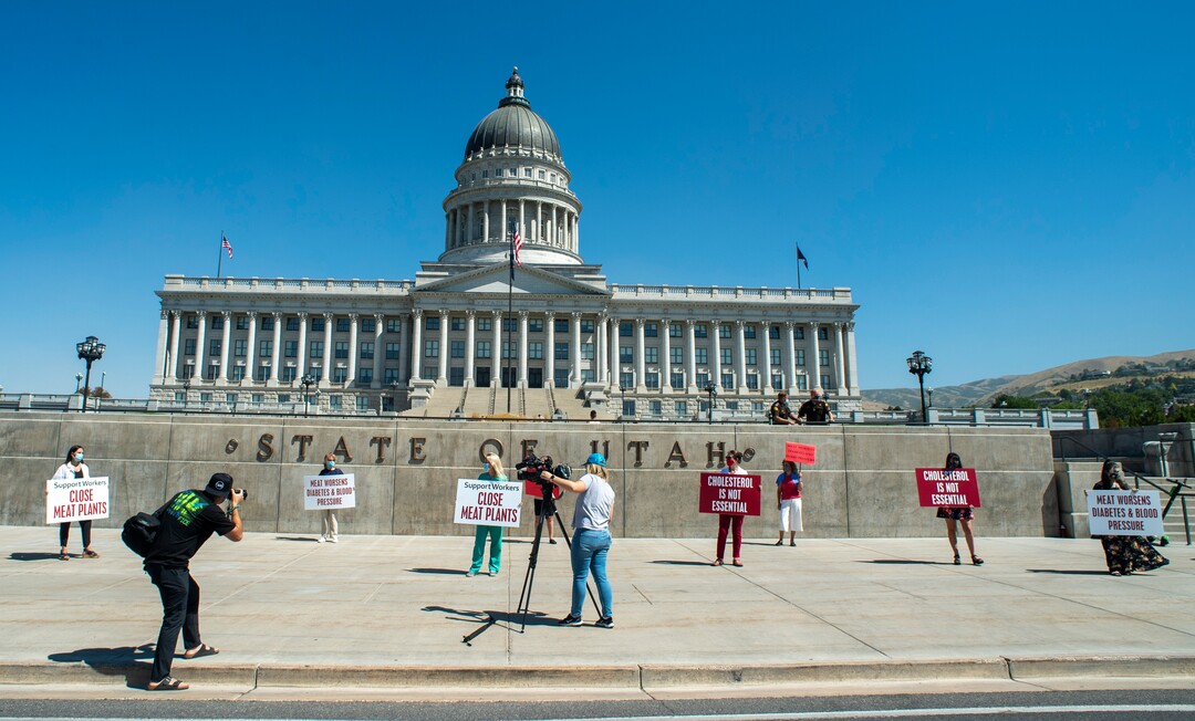 (Rick Egan  |  The Salt Lake Tribune) Niki Davis, joins a protest at the State Capitol as the Physicians Committee for Responsible Medicine is asking Gov. Herbert to close meatpacking plants in the state to slow the spread of the coronavirus, Thursday, July 30, 2020.