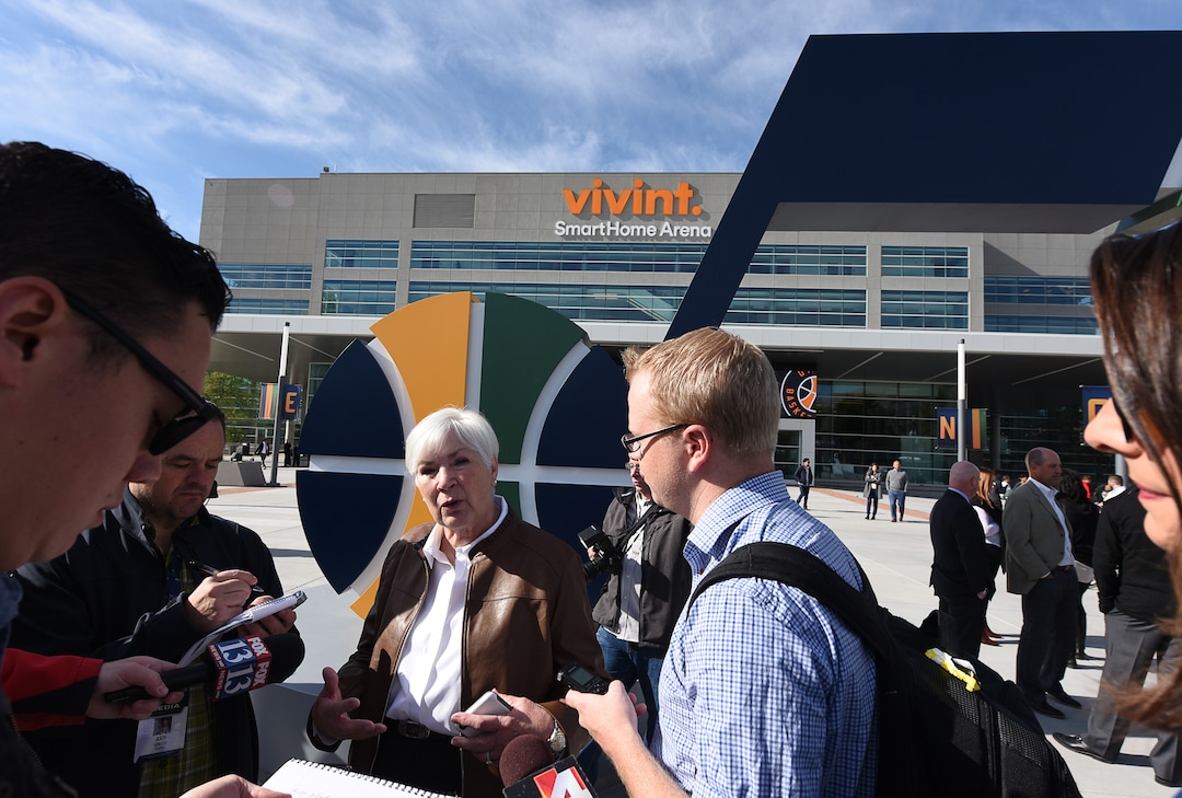 (Francisco Kjolseth  |  The Salt Lake Tribune)  Utah Jazz owner Gail Miller speaks with the media during the unveiling of renovations for the arena, starting with the J-Note statue and then offering self-guided tours of the venue on Tuesday, Sept. 26, 2017. The arena features new seats, new concourse areas, new anchor restaurants and open spaces for more social experiences at Jazz games and events.