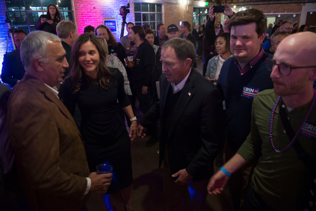 (Jeremy Harmon  |  The Salt Lake Tribune) Governor Gary Herbert speaks with Salt Lake City mayoral candidate Erin Mendenhall during her election night event on Tuesday, Nov. 5, 2019. Also in the photo are Salt Lake District Attorney Sim Gill, Salt Lake City Council member Chris Wharton and State Senator Derek Kitchen.