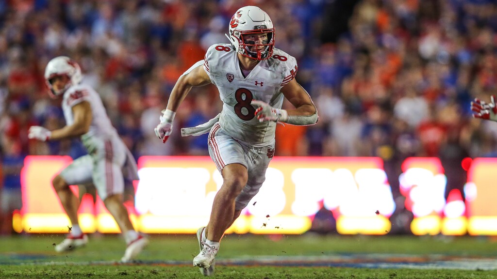 FILE - Utah safety Cole Bishop (8) plays during an NCAA football game against Florida on Saturday, Sept. 3, 2022 in Gainesville, Fla. Utah opens their season at home against Florida on Aug. 31. (AP Photo/Gary McCullough, File)