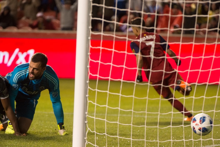 (Rick Egan  |  The Salt Lake Tribune)      Vancouver Whitecaps goalkeeper Stefan Marinovic (1) reacts as Real Salt Lake forward Jefferson Savarino (7) scores a goal, in MLS action between Real Salt Lake and Vancouver Whitecaps, at Rio Tinto Stadium beSaturday, April 7, 2018.


