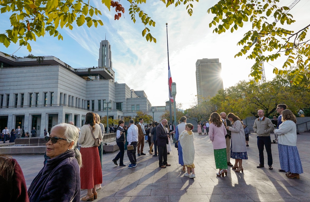 (Chris Samuels | The Salt Lake Tribune) Attendees gather before a session of General Conference of The Church of Jesus Christ of Latter-day Saints at the Conference Center in Salt Lake City in October 2025. A new study shows 54% of Latter-day Saints have kept their childhood faith.