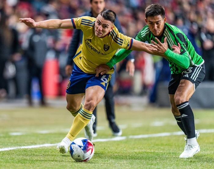 (Rick Egan | The Salt Lake Tribune) Real Salt Lake midfielder Braian Ojeda (6) goes after the ball along with Austin FC midfielder Owen Wolff (33), MLS action between Real Salt Lake and Austin FC, in Sandy, on Saturday, March 11, 2023.