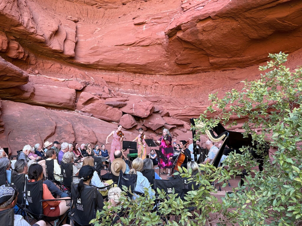(Andrew Christiansen  |  The Times-Independent) Musicians perform Robert Schumann’s “Fantasiestücke,” Op. 73, during the Moab Music Festival’s Grotto I: Fantasy concert Sept. 3 in Canyonlands National Park. The concert brought eight musicians and an audience to a natural amphitheater along the Colorado River.