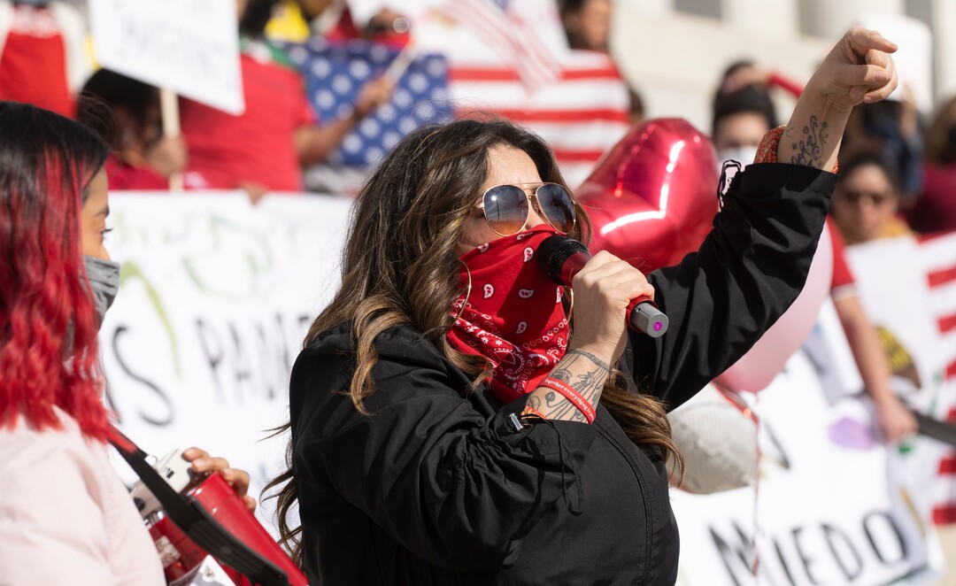 (Rick Egan | The Salt Lake Tribune) Ma Black speaks to the crowd as they gather on the steps of the Capitol, for the national Day Without Immigrants rally, on Monday, Feb. 14, 2022.