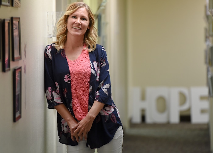 (Francisco Kjolseth | The Salt Lake Tribune) Trying to treat her postpartum depression in 2007, Savannah Eley borrowed a Percocet pill from her then-husband and soon became addicted. It took hold of her for 10 years but compassion and support by two officers turned her life around. Now two and half years clean, Eley works as a peer support specialist at the Southeast Utah Health Department in Price.