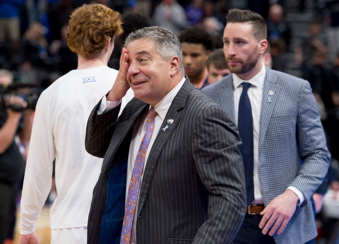 (Leah Hogsten  | The Salt Lake Tribune)  Auburn Tigers head coach Bruce Pearl wipes his brow after his team beat Kansas in the second round of the NCAA tournament in Salt Lake City on Saturday, March 23, 2019.