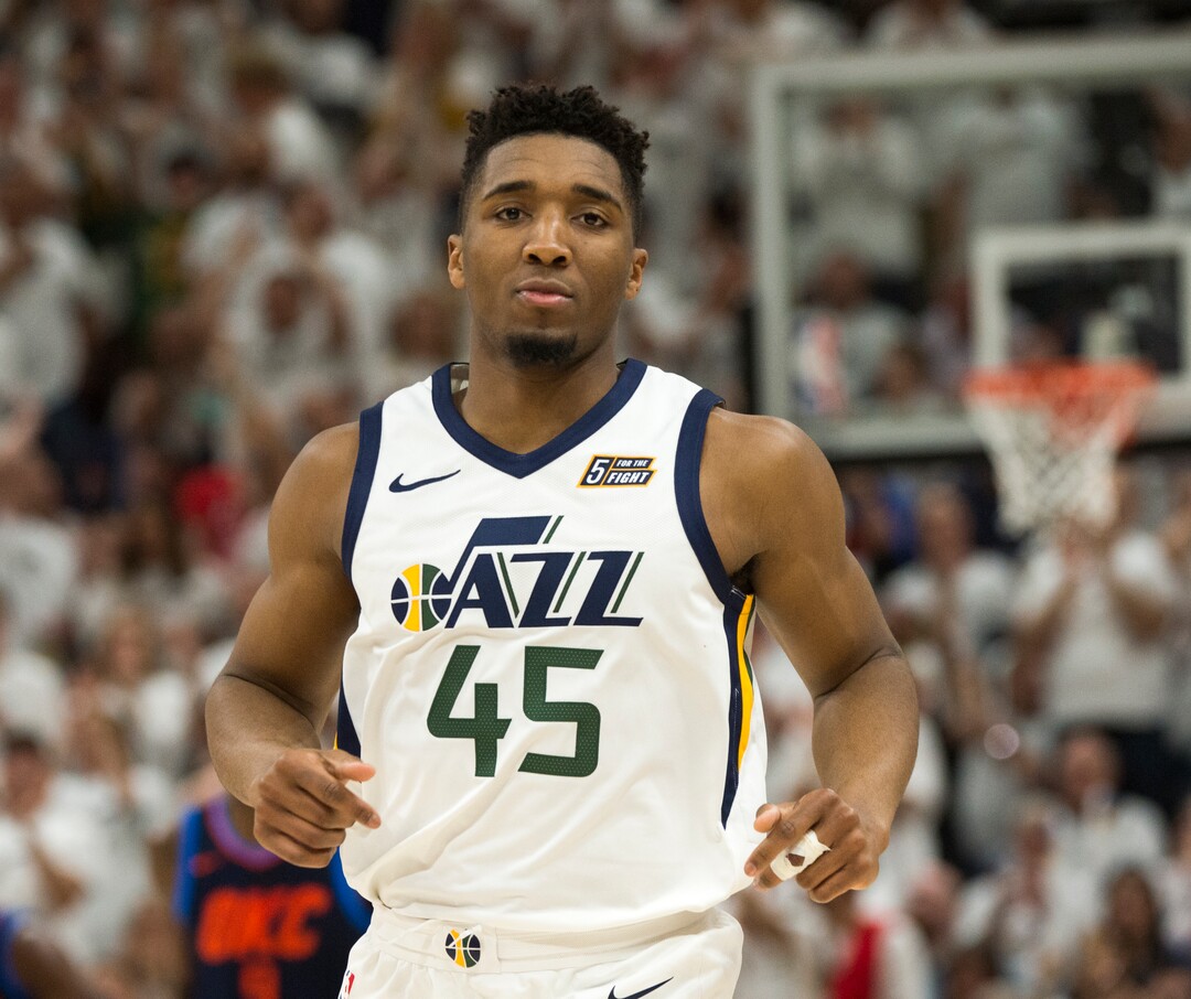 (Rick Egan  |  The Salt Lake Tribune) Utah Jazz guard Donovan Mitchell (45) heads down court, after putting the Jazz up by 20 with a 3-point-shot, in game 4, NBA playoff action between Utah Jazz and Oklahoma City Thunder, in Salt Lake City, Monday April 23, 2018.