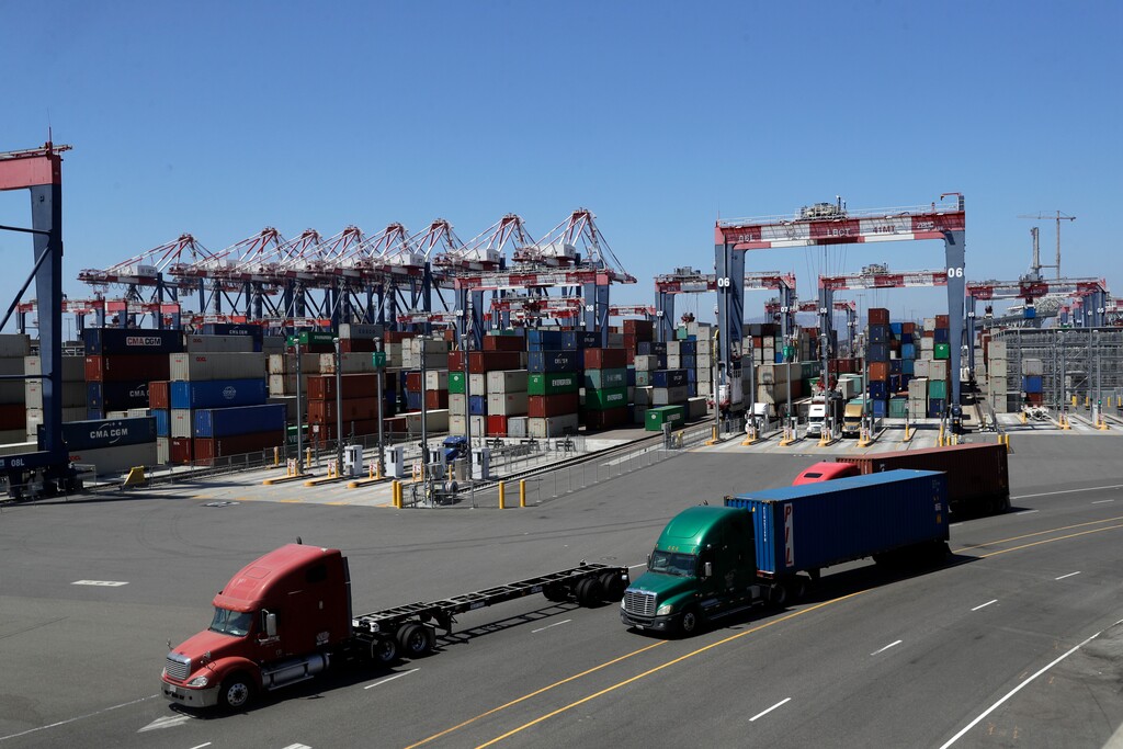 (AP Photo/Marcio Jose Sanchez)

In this Aug. 22, 2018, photo, trucks travel along a loading dock at the Port of Long Beach in Long Beach, Calif. Between them, the California ports of Los Angeles and Long Beach account for a large amount of the seaborne goods that the United States imports from China, and the prospect of a widening trade war between the global giants has port executives and longshoremen worried.