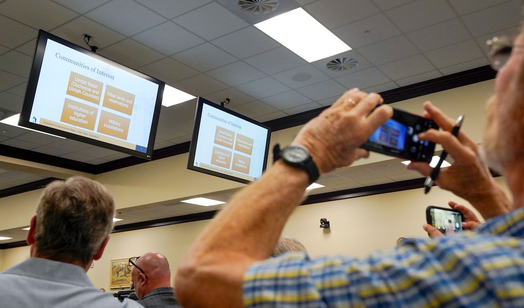 (Chris Samuels | The Salt Lake Tribune) A presentation on Congressional redistricting is shown during a meeting of the Legislative Redistricting Committee at the Capitol in Salt Lake City, Wednesday, Sept. 24, 2025.